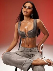 Denimoi Studded Lace Up Front Cropped Faux Leather Bralette Top Sexy Tops Concert Outfits Clubwear - Dark Grey - View 4