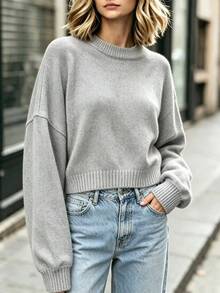 Balvessa Tropiluxe Women's Solid Color Simple Casual Crew Neck Long Sleeve White Sweater - Light Grey - View 4