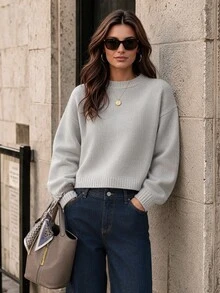 Balvessa Tropiluxe Women's Solid Color Simple Casual Crew Neck Long Sleeve White Sweater - Light Grey - View 3