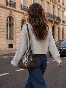 Balvessa Tropiluxe Women's Solid Color Simple Casual Crew Neck Long Sleeve White Sweater - Light Grey - View 2