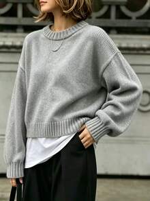 SHEIN LUNE 女式纯色简约休闲圆领长袖白色毛衣 - 灰色 - 查看 3