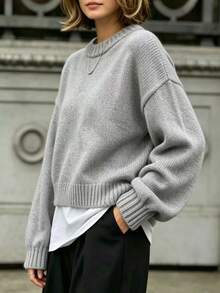 SHEIN LUNE 女式纯色简约休闲圆领长袖白色毛衣 - 灰色 - 查看 4