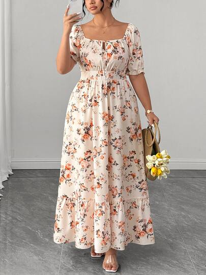 SHEIN LUNE CURVE Vestido largo de mujer dulce elegante bohemio casual con mangas cortas abullonadas para vacaciones y eventos formales blanco de verano
