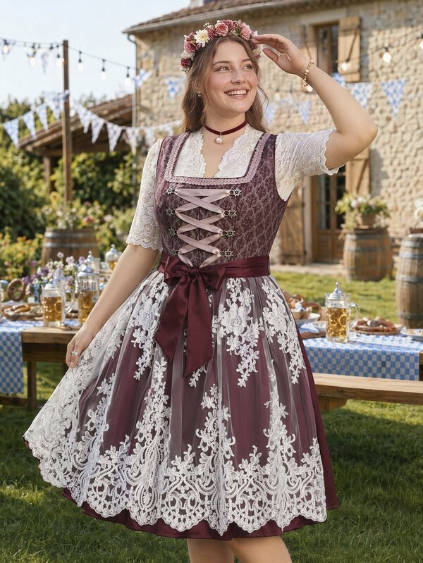 SHEIN Frenchy Plus Size Women'S Contrast Lace Tie Design Beer Festival Dress Features Include A Mesh Overlay And A Sweetheart Neckline Elegant Oktoberfest Dress