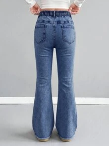 SHEIN Tween Girl Ripped Frayed Bleach Wash Flare Leg Jeans - Dark Wash - View 2