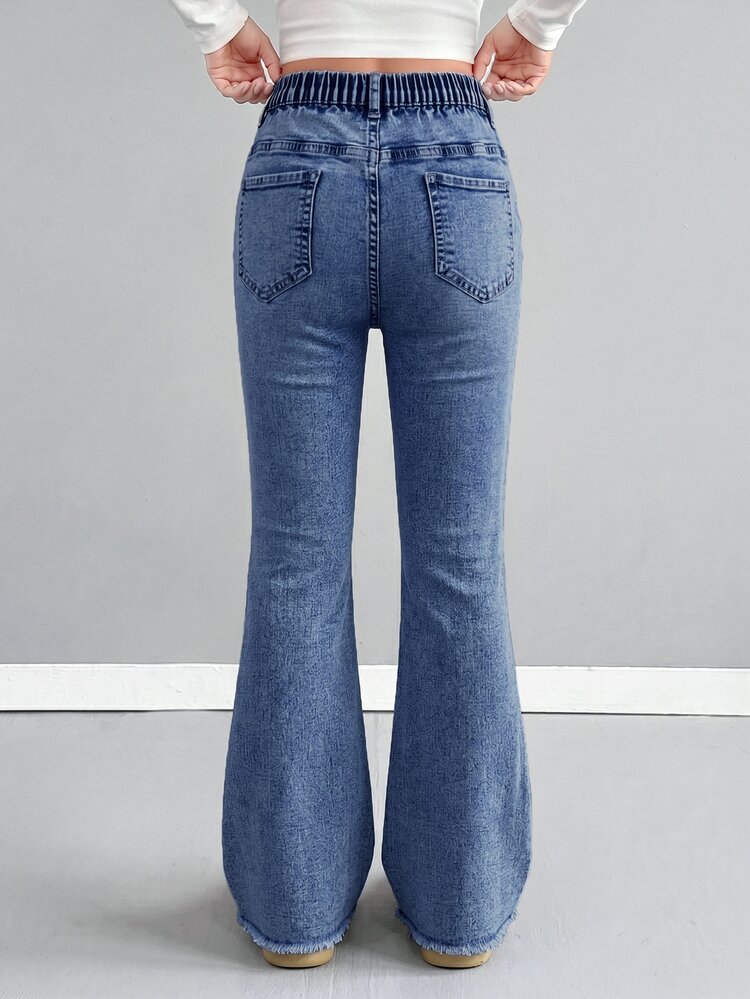SHEIN Tween Girl Ripped Frayed Bleach Wash Flare Leg Jeans - Dark Wash - View 2