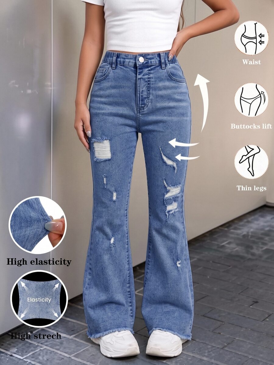 SHEIN Tween Girl Ripped Frayed Bleach Wash Flare Leg Jeans - Dark Wash - View 1