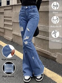 SHEIN Tween Girl Ripped Frayed Bleach Wash Flare Leg Jeans - Dark Wash - View 3