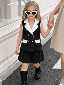 女童經典對比色翻領無袖背心套裝，雙排扣設計，精緻極簡休閒日常生日派對穿搭 - 黑與白 - 查看 4