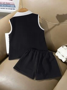 女童經典對比色翻領無袖背心套裝，雙排扣設計，精緻極簡休閒日常生日派對穿搭 - 黑與白 - 查看 3