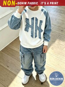 2件組小男孩極簡圓領衛衣工裝褲套裝，英文字母滿版印花設計，花童，秋季，派對 - 彩色 - 查看 3