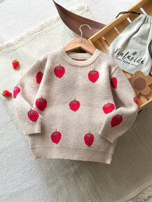 SHEIN Vintaside Kids 女童杏色提花草莓粗針織毛衣，柔軟親膚耐穿，鮮豔可愛圓領套頭落肩長袖設計，適合秋冬日常穿著、外出、休閒、上學、購物等場合 - 彩色 - 查看 5