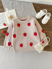 SHEIN Vintaside Kids 女童杏色提花草莓粗針織毛衣，柔軟親膚耐穿，鮮豔可愛圓領套頭落肩長袖設計，適合秋冬日常穿著、外出、休閒、上學、購物等場合 - 彩色 - 查看 6