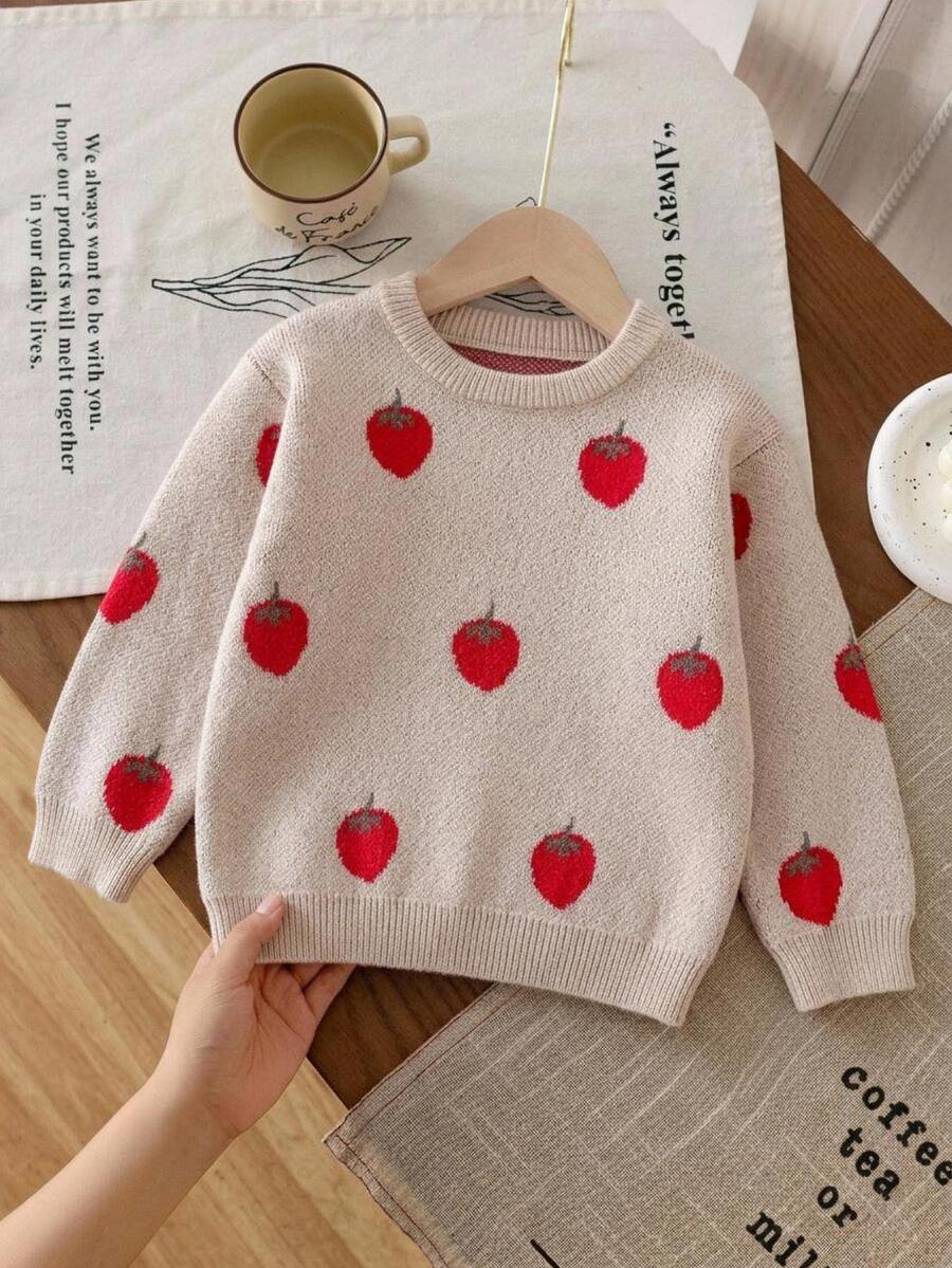 SHEIN Vintaside Kids 女童杏色提花草莓粗針織毛衣,柔軟親膚耐穿,鮮豔可愛圓領套頭落肩長袖設計,適合秋冬日常穿著、外出、休閒、上學、購物等場合 - 彩色 - 查看 1