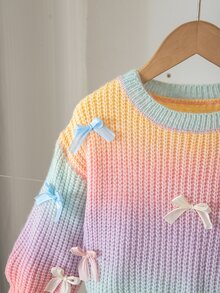 SHEIN 女童手工蝴蝶結漸層針織毛衣，可愛休閒圓領燈籠袖套頭衫，適合戶外、學校、外出與玩樂，秋季穿著 - 彩色 - 查看 8