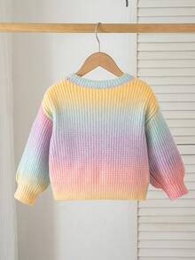 SHEIN 女童手工蝴蝶結漸層針織毛衣，可愛休閒圓領燈籠袖套頭衫，適合戶外、學校、外出與玩樂，秋季穿著 - 彩色 - 查看 2