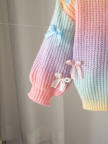 SHEIN 女童手工蝴蝶結漸層針織毛衣，可愛休閒圓領燈籠袖套頭衫，適合戶外、學校、外出與玩樂，秋季穿著 - 彩色 - 查看 6