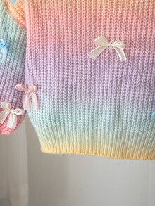 SHEIN 女童手工蝴蝶結漸層針織毛衣，可愛休閒圓領燈籠袖套頭衫，適合戶外、學校、外出與玩樂，秋季穿著 - 彩色 - 查看 4