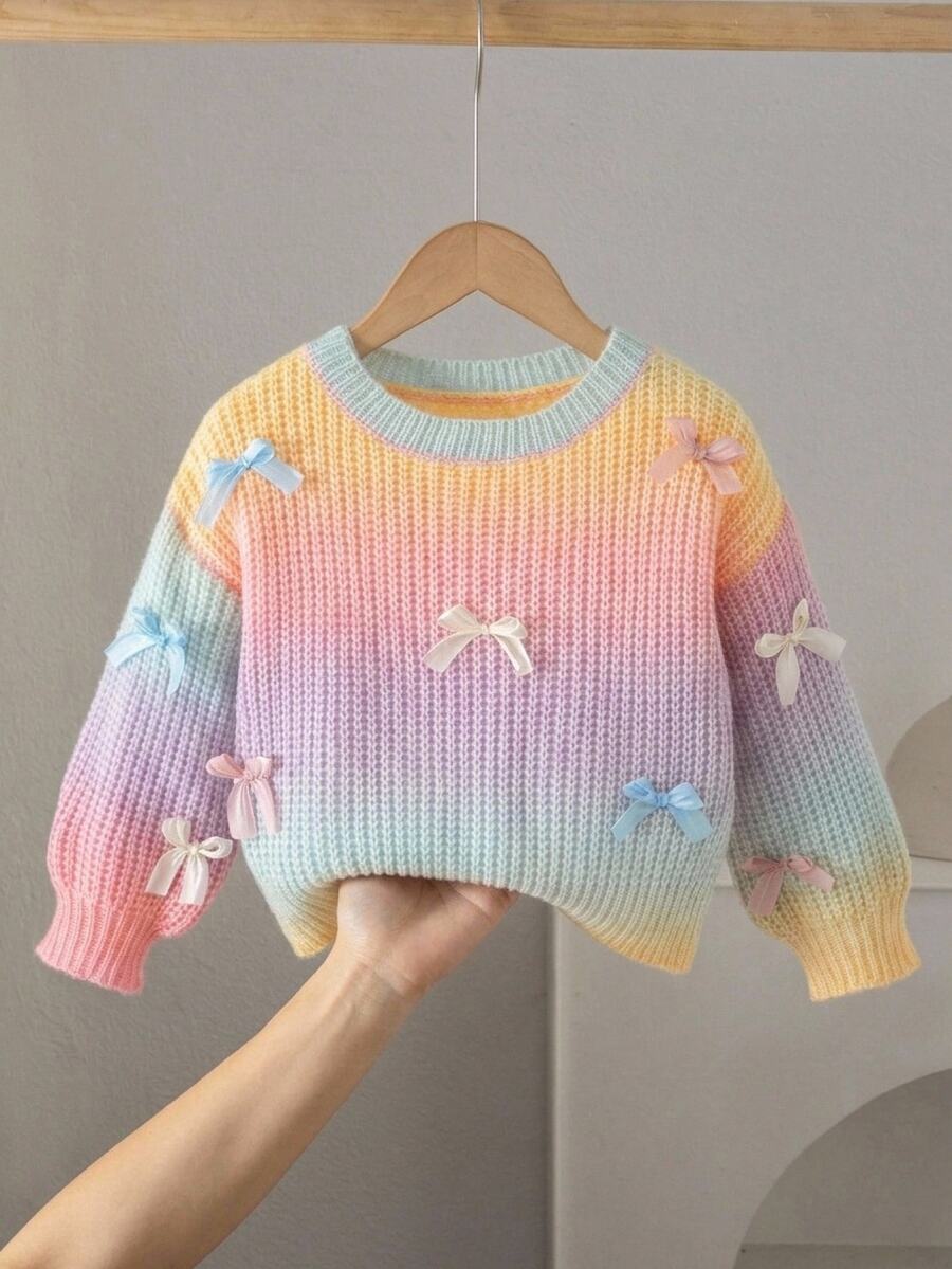 SHEIN 女童手工蝴蝶結漸層針織毛衣,可愛休閒圓領燈籠袖套頭衫,適合戶外、學校、外出與玩樂,秋季穿著 - 彩色 - 查看 1