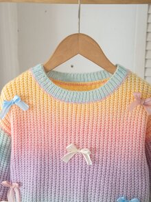 SHEIN 女童手工蝴蝶結漸層針織毛衣，可愛休閒圓領燈籠袖套頭衫，適合戶外、學校、外出與玩樂，秋季穿著 - 彩色 - 查看 5