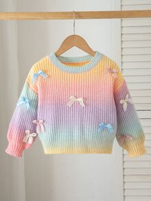 SHEIN 女童手工蝴蝶結漸層針織毛衣，可愛休閒圓領燈籠袖套頭衫，適合戶外、學校、外出與玩樂，秋季穿著 - 彩色 - 查看 3