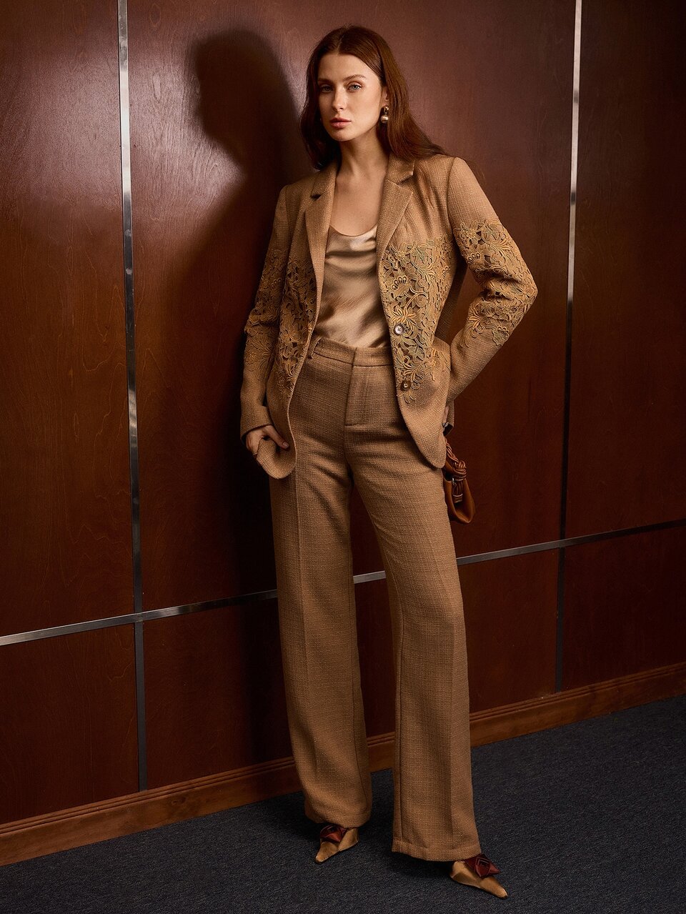 MOTF TEXTURED FABRIC & CONTRAST LACE SINGLE-BREASTED BLAZER , AUTUMN/WINTER