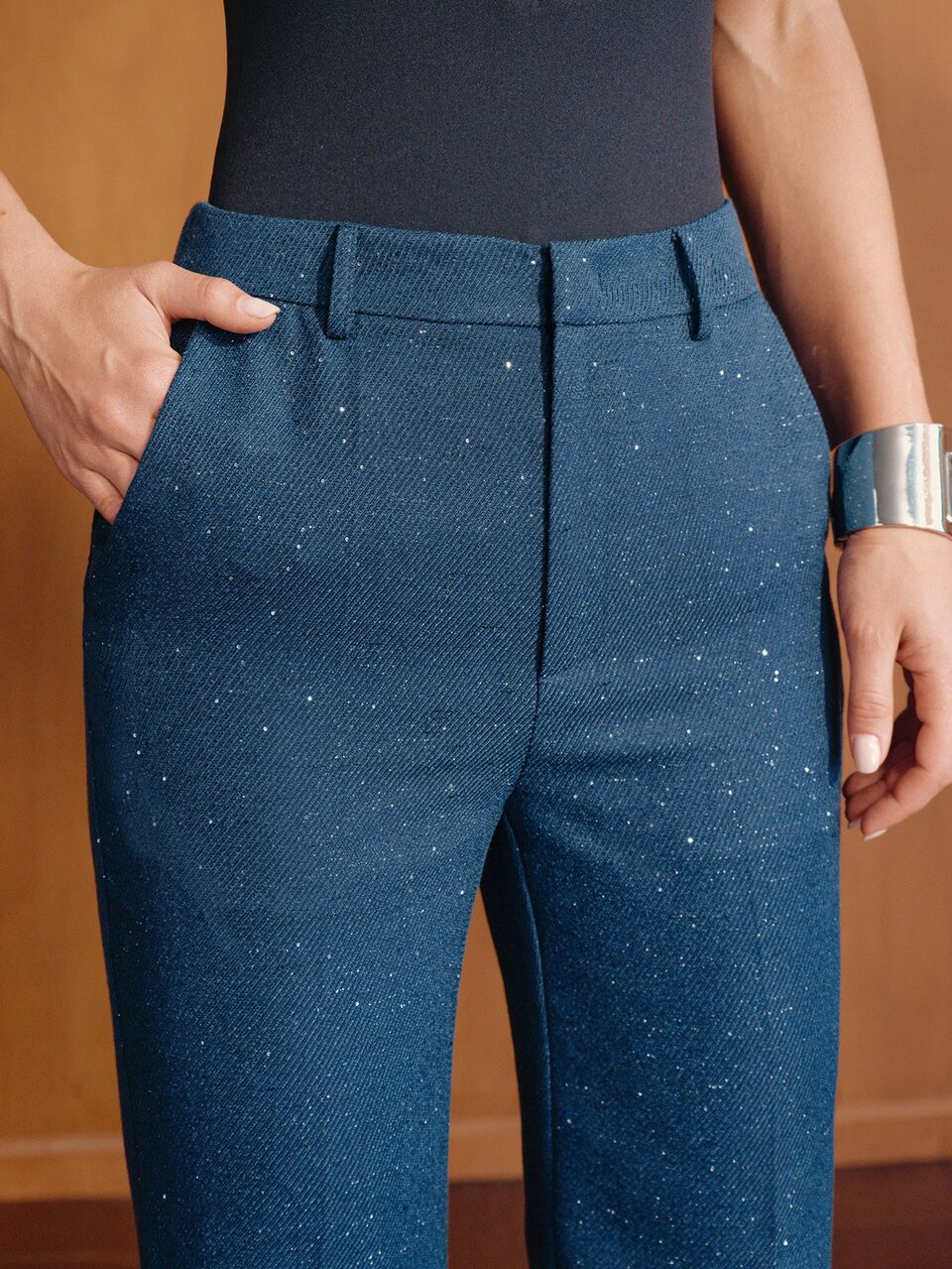 MOTF WOMEN'S DEEP BLUE THICK DIAGONAL ELEGANT COMMUTE FLARE LEG PANTS, AUTUMN/WINTER