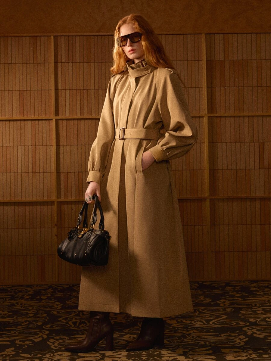 MOTF STUDIO WOMEN'S FASHION COMMUTER SOLID COLOR HIGH NECK BELTED LONG TRENCH COAT - Khaki - View 2