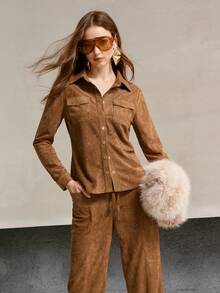 MOTF PREMIUM SUEDE FLAP POCKET BUTTON FRONT SHIRT - Brown - View 5