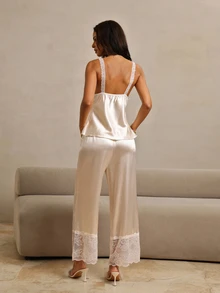 HautHeat Women's Solid Color Contrast Lace Tank Top And Long Pants Pajama Set - Yellow - View 2