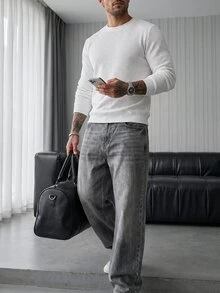 Manfinity Homme Men's Solid Color Casual Versatile Daily Wear Pullover Pullover Sweatshirt - White - View 4