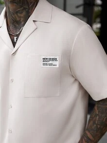 Manfinity Homme 男士極簡杏色百搭短袖襯衫與直筒彈性腰長褲套裝，舒適休閒商務通勤居家穿著 - 杏色 - 查看 3
