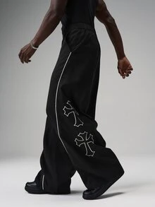 STYNVO 男士休閒運動十字印花長褲 - 黑色 - 查看 2