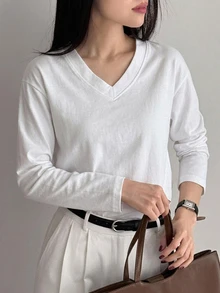 DAZY Women's White Loose Fit Long Sleeve Business Casual Basic Modest T-Shirt, Autumn Office - White - View 3