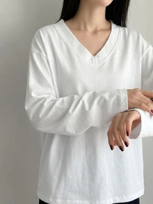 DAZY Women's White Loose Fit Long Sleeve Business Casual Basic Modest T-Shirt, Autumn Office - White - View 6