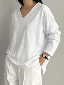 DAZY Women's White Loose Fit Long Sleeve Business Casual Basic Modest T-Shirt, Autumn Office - White - View 8