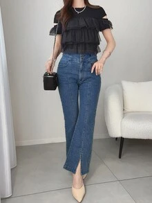 FRIFUL Women's Fashionable Versatile Multi-Layer Hem T-Shirt, Suitable For Dates Cute Tops - Black - View 6