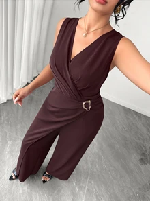 Elenzga Women's Fashion Fall Elegant V-Neck Sleeveless Metal Buckle Decor Elastic Waist Invisible Zipper Patchwork Jumpsuit, Daily, Commuting, Business Wear - Burgundy - View 6
