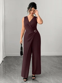 Elenzga Women's Fashion Fall Elegant V-Neck Sleeveless Metal Buckle Decor Elastic Waist Invisible Zipper Patchwork Jumpsuit, Daily, Commuting, Business Wear - Burgundy - View 3