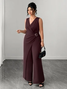 Elenzga Women's Fashion Fall Elegant V-Neck Sleeveless Metal Buckle Decor Elastic Waist Invisible Zipper Patchwork Jumpsuit, Daily, Commuting, Business Wear - Burgundy - View 4