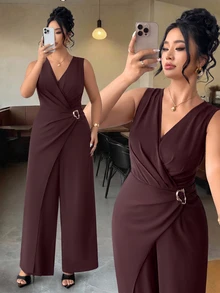 Elenzga Women's Fashion Fall Elegant V-Neck Sleeveless Metal Buckle Decor Elastic Waist Invisible Zipper Patchwork Jumpsuit, Daily, Commuting, Business Wear - Burgundy - View 1
