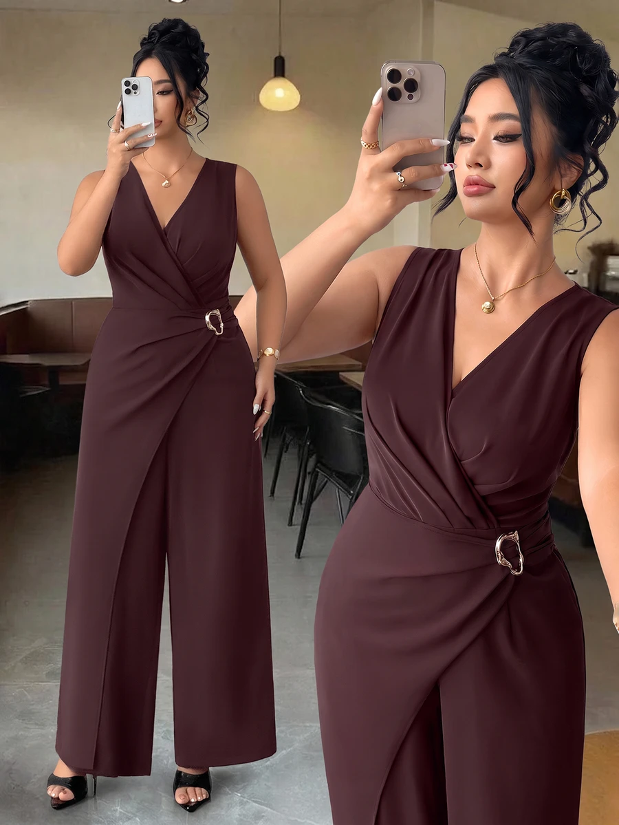 Elenzga Women's Fashion Fall Elegant V-Neck Sleeveless Metal Buckle Decor Elastic Waist Invisible Zipper Patchwork Jumpsuit, Daily, Commuting, Business Wear - Burgundy - View 1