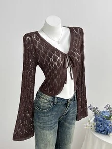 Elamini Jaket Pendek Rajut Berongga, Jaket Pelindung Matahari Gaya Lembut dengan Tali Ikat, Pakaian Luar Musim Semi/Panas untuk Wanita Modis - Aprikot - View 3