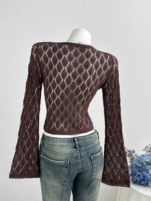 Elamini Jaket Pendek Rajut Berongga, Jaket Pelindung Matahari Gaya Lembut dengan Tali Ikat, Pakaian Luar Musim Semi/Panas untuk Wanita Modis - Aprikot - View 2