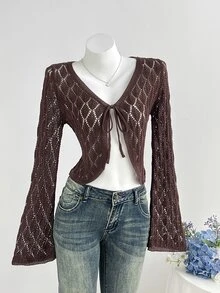 Elamini Jaket Pendek Rajut Berongga, Jaket Pelindung Matahari Gaya Lembut dengan Tali Ikat, Pakaian Luar Musim Semi/Panas untuk Wanita Modis - Aprikot - View 7