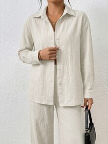 SHEIN PETITE 女款純色單排扣長袖上衣與長褲休閒日常兩件套 - 杏色 - 查看 6