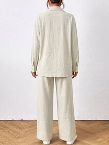 SHEIN PETITE 女款純色單排扣長袖上衣與長褲休閒日常兩件套 - 杏色 - 查看 2