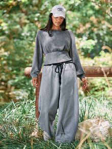 Voyena Women's Plus Size Ruched Casual Versatile Daily Travel Sports Sweatshirt Fall - Grey - View 6