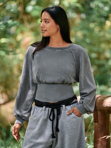 Voyena Women's Plus Size Ruched Casual Versatile Daily Travel Sports Sweatshirt Fall - Grey - View 3