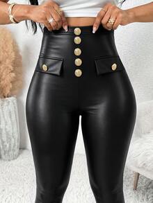 SHEIN Lady 女款素色高腰休閒百搭日常穿著緊身內搭褲 - 黑色 - 查看 3